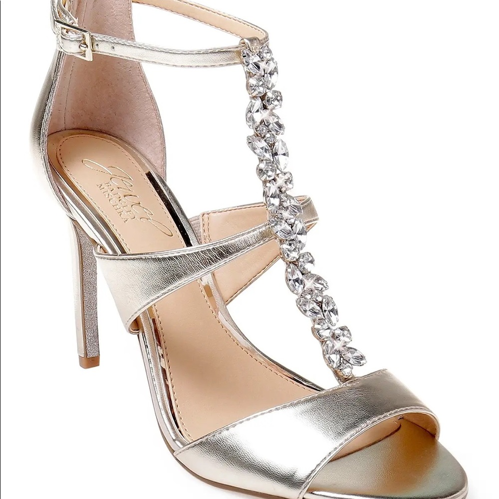 BADGLEY MISCHKA crystal embellished gold heels called Jewel